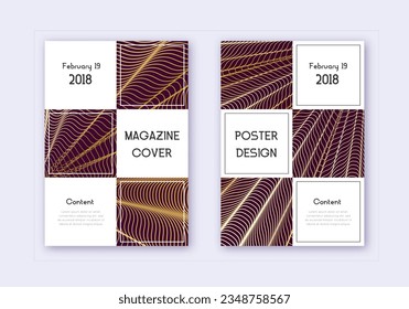 Designvorlage für die Business Cover. Goldene abstrakte Linien auf Maronhintergrund. Authentisches Cover-Design. Bewitching Katalog, Poster, Buchvorlage etc.