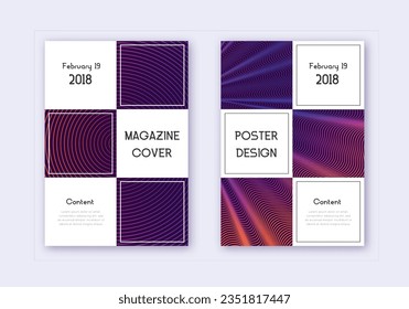 Conjunto de plantillas de diseño de portada comercial. Líneas abstractas violetas sobre fondo oscuro. Diseño de portada bello. Poderoso catálogo, afiche, plantilla de libro, etc.