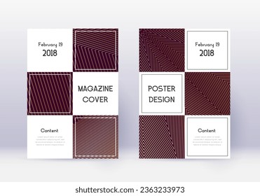 Business cover design template set. Gold abstract lines on maroon background. Authentic cover design. Alluring catalog, poster, book template etc.
