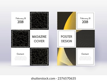 Business cover design template set. Gold abstract lines on black background. Attractive cover design. Posh catalog, poster, book template etc.