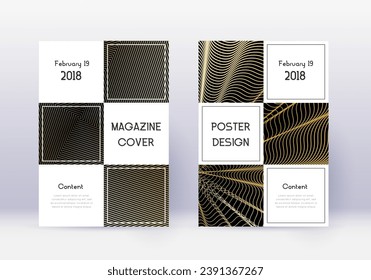 Business cover design template set. Gold abstract lines on black background. Attractive cover design. Mind-blowing catalog, poster, book template etc.