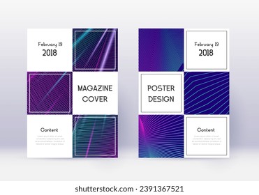 Conjunto de plantillas de diseño de portada comercial. Líneas abstractas neón sobre fondo azul oscuro. Diseño de portada auténtico. Catálogo abrumador, afiche, plantilla de libro, etc.