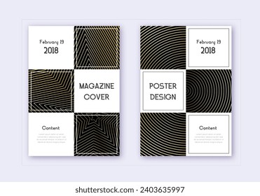 Business cover design template set. Gold abstract lines on black background. Attractive cover design. Fine catalog, poster, book template etc.