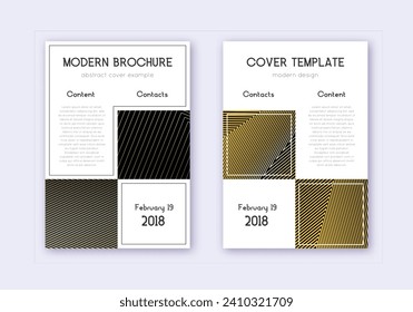 Business cover design template set. Gold abstract lines on black background. Appealing cover design. Dramatic catalog, poster, book template etc.
