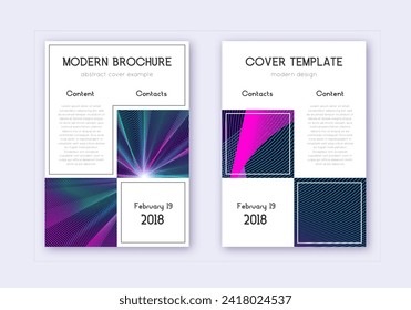 Business cover design template set. Neon abstract lines on dark blue background. Artistic cover design. Extra catalog, poster, book template etc.