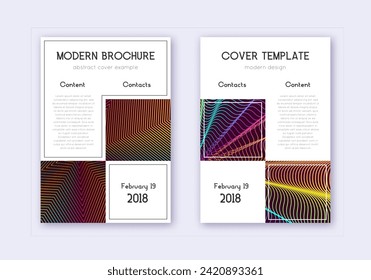 Business cover design template set. Rainbow abstract lines on wine red background. Astonishing cover design. Impressive catalog, poster, book template etc.