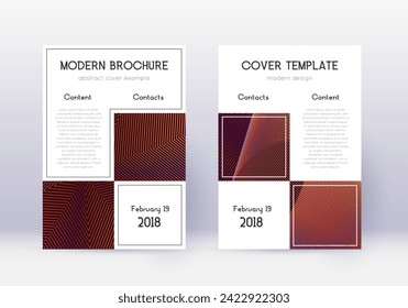 Business cover design template set. Orange abstract lines on wine red background. Artistic cover design. Lovely catalog, poster, book template etc.