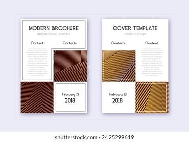 Conjunto de plantillas de diseño de portada de negocios. Líneas abstractas doradas sobre fondo granate. Diseño atractivo de la cubierta. Bonito catálogo, póster, plantilla de libro, etc.