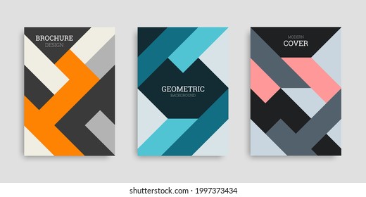 Business cover set. Collection of A4 vertical brochures with colorful geometric shapes. Abstract striped background. Template design in flat style. Vector illustration. Design poster, notebook. Stock.