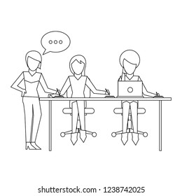 Business coworkers with laptop in black and white