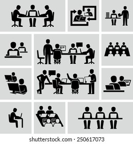 Business Coworkers talking and working at the computers vector icons 