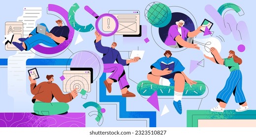 Business coworking and workflow concept. Team, people, colleagues in company, organization, creative community. Corporate work, partnership and study. Teamwork, education Flat vector illustration