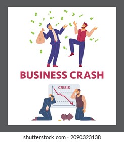 Business crash and bancrucity concept with wealthy successful people and people in financial crisis. Economic collapse and recession, flat vector illustration.