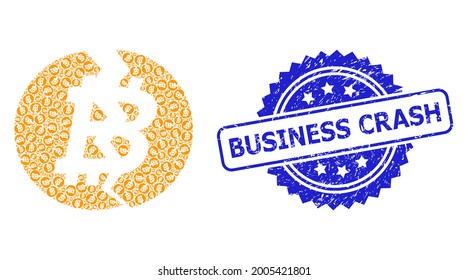 Business Crash dirty stamp seal and vector recursive composition broken bitcoin. Blue stamp seal has Business Crash title inside rosette.