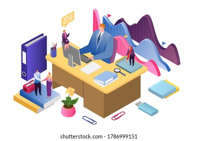 Business creative analytics and strategy of successful data analysis isometric vector illustration. Financial report and strategy. Business investment growth, marketing and managment.