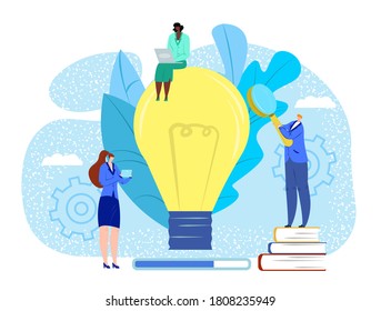 Business creative bulb, flat ideal for teamwork people character concept vector illustration. Businessman woman team communication design, group development. Company work background.