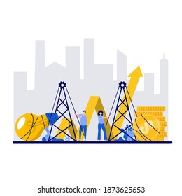 Business creative concept with tiny character. People pull money gold coin and light bulb idea concept flat vector illustration. Increase financial profit metaphor. Can use for landing page idea.