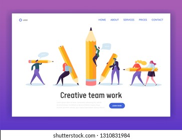 Business Creative Copywriter Teamwork Landing Page. Drawn People Holding Pencil. Blogger Work Goal. Education Job Leader Success Website or Web Page. Flat Cartoon Vector Illustration