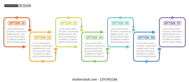 Business creative design linear infographic template. Timeline process with 7 options, arrows, boxs. Vector illustration