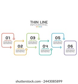 Business creative design linear infographic template. Timeline process with 6 options, arrows, boxs. Vector illustration