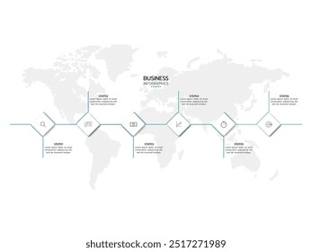 Plantilla de infografía lineal de diseño creativo empresarial. Proceso de línea de tiempo con 6 opciones, flechas, cuadros e iconos de marketing. Ilustración vectorial.