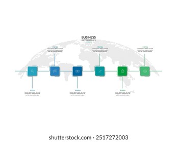 Business creative design linear infographic template. Timeline process with 6 options, arrows, boxs and marketing icons. Vector illustration.