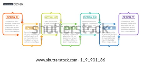 Business creative design linear infographic template. Timeline process with 7 options, arrows, boxs. Vector illustration