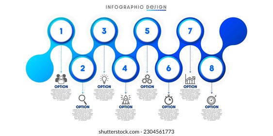 Concepto creativo para infografías.
información empresarial mostrar gráfico de procesos Graph elementos abstractos Un diagrama con 8 opciones, opciones, secciones o procesos. Modelo de negocio de vectores para presentación