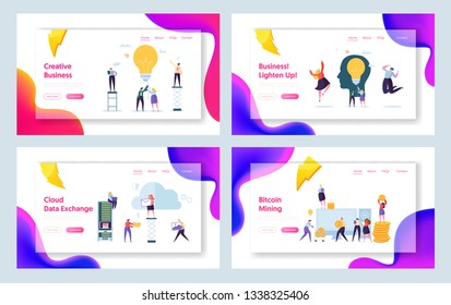 Business Creative Idea Character Concept Landing Page Set. Bitcoin Cryptocurrency Success People Teamwork. Startup Communication Management for Website or Web Page. Flat Cartoon Vector Illustration