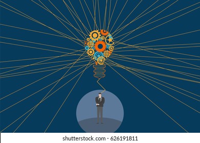 Business and creative idea concept. A businessman standing and thinking with Light bulb and mechanical gears inside and straight line to show spread light from the bulb.