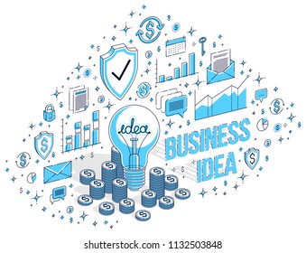 Business creative Idea concept, Light Bulb with cash money stack and coins piles. 3d vector business isometric illustration with icons, stats charts and design elements.