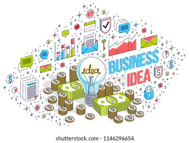 Business creative Idea concept, Light Bulb with cash money stack and coins piles. 3d vector business isometric illustration with icons, stats charts and design elements.