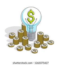 Business creative Idea concept, Light Bulb with cash money stack and coins piles. 3d vector business and finance design, isometric thin line illustration.