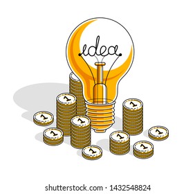 Business creative Idea concept, Light Bulb with cash money stack and coins piles. 3d vector business and finance design, isometric thin line illustration.
