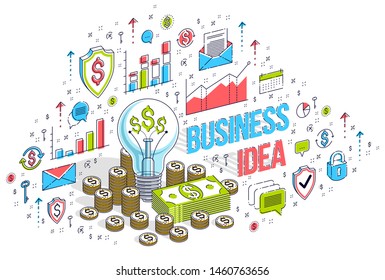 Business creative Idea concept, Light Bulb with cash money stack and coins piles. 3d vector business isometric illustration with icons, stats charts and design elements.