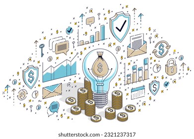 Business creative Idea concept, Light Bulb with cash money stack and coins piles. 3d vector business isometric illustration with icons, stats charts and design elements.
