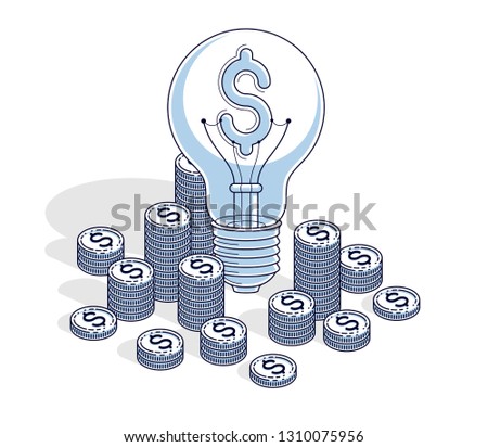 Business creative Idea concept, Light Bulb with cash money stack and coins piles. 3d vector business and finance design, isometric thin line illustration.