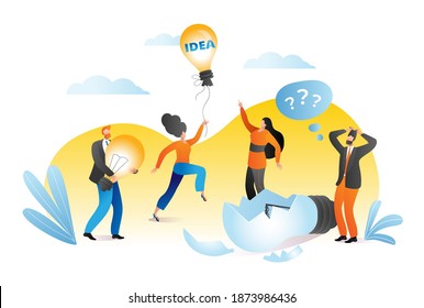 Business creative idea concept, vector illustration. People team group try to catch light bulb, businessman woman character work at success solution. Office communication at background design.