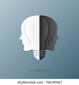 Business creative idea concept.Origami black and white light bulb with face of human paper art style.Vector illustration.