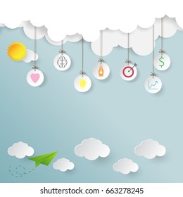 Business creative idea concept.With cloud and blue sky paper art style.Vector illustration.