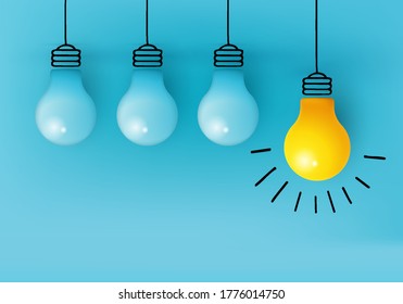 Business creative idea, Inspiration, New idea and Innovation rendering concept vector with light bulb on minimal background. light bulb on bright Blue background in pastel color. Minimalist concept.