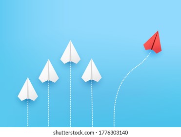 Business creative idea minimal concept plane 3D paper, group of paper plane in one direction, one individual pointing in the different way. plane 3D paper for business new idea creativity innovative