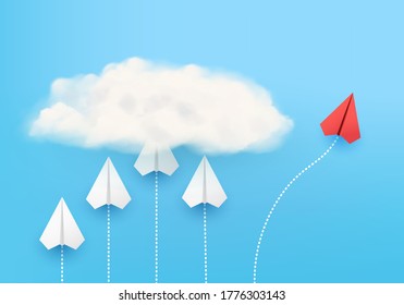 Business creative idea minimal concept with cloud on 3D render vector, group of paper plane in one direction, one individual pointing in the different way. Business for new ideas creativity & solution