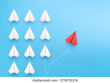 Business creative idea minimal concept on 3D render vector, group of paper plane in one direction, one individual pointing in the different way. Business for new ideas creativity & innovative solution