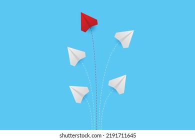 Business creative idea minimal concept. Creative paper planes on blue background. Red airplane changing direction. New idea, change, trend, courage, creative solution, innovation and unique concept.