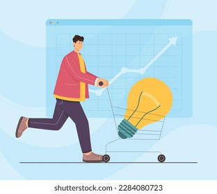 Business creative idea and success innovation of person vector illustration. Cartoon running happy man carrying big light bulb in supermarket trolley, smart young businessman with original insight