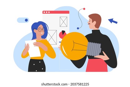 Idea creativa empresarial, trabajo en equipo exitoso ilustración vectorial. Personajes de caricatura trabajando juntos en un nuevo proyecto, hombre de negocios sosteniendo una gran bombilla, encontrando soluciones correctas aisladas en blanco