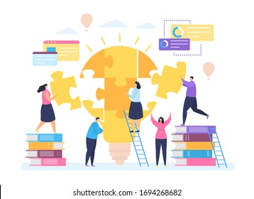 Business creative idea vector illustration. Cartoon tiny people work together, connecting puzzle element of big light bulb creativeness. Business group teamwork, cooperation concept isolated on white