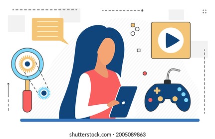 Idea creativa empresarial, proyecto de trabajo inspiración ilustración vectorial. Caricatura de una joven trabajadora de oficina sentada en el escritorio de la computadora y trabajando, icono de la bombilla de luz sobre la cabeza aislado en blanco
