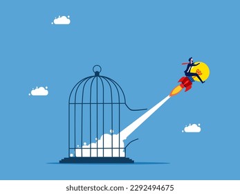 Business creative ideas. Brave businessman flies out of prison with light bulb